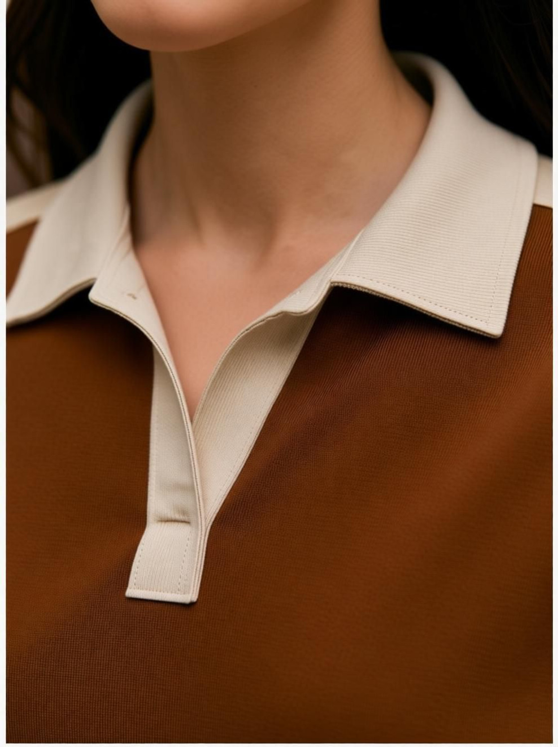 Image of ytrick Women Colorblock, Solid Polo Neck Cotton Blend Brown T-Shirt