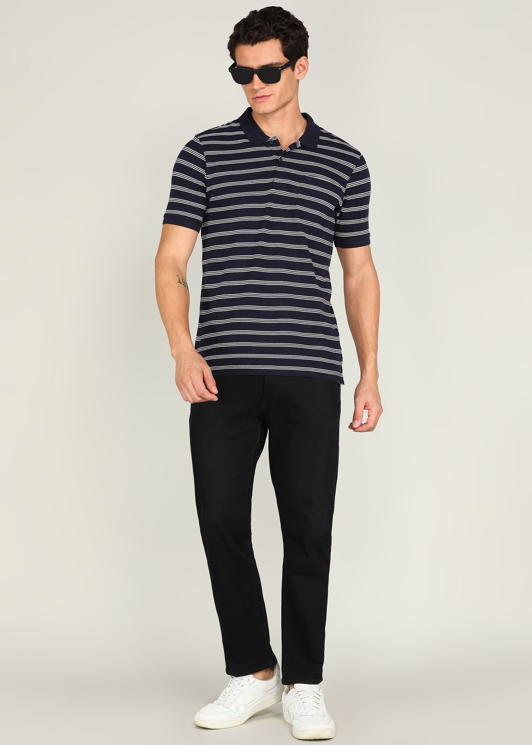Image of PETER ENGLAND Striped Men Polo Neck Dark Blue T-Shirt
