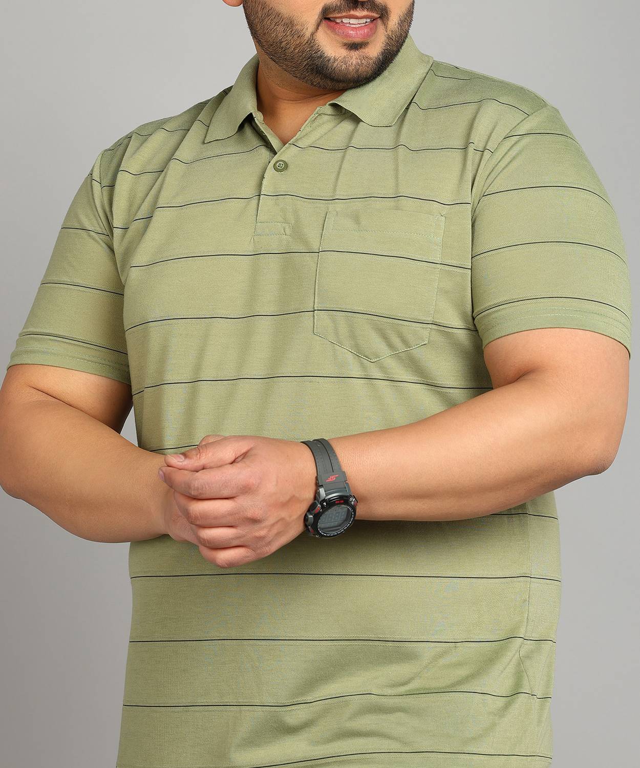 INKKR Men Striped Polo Neck Cotton Blend Green T-Shirt