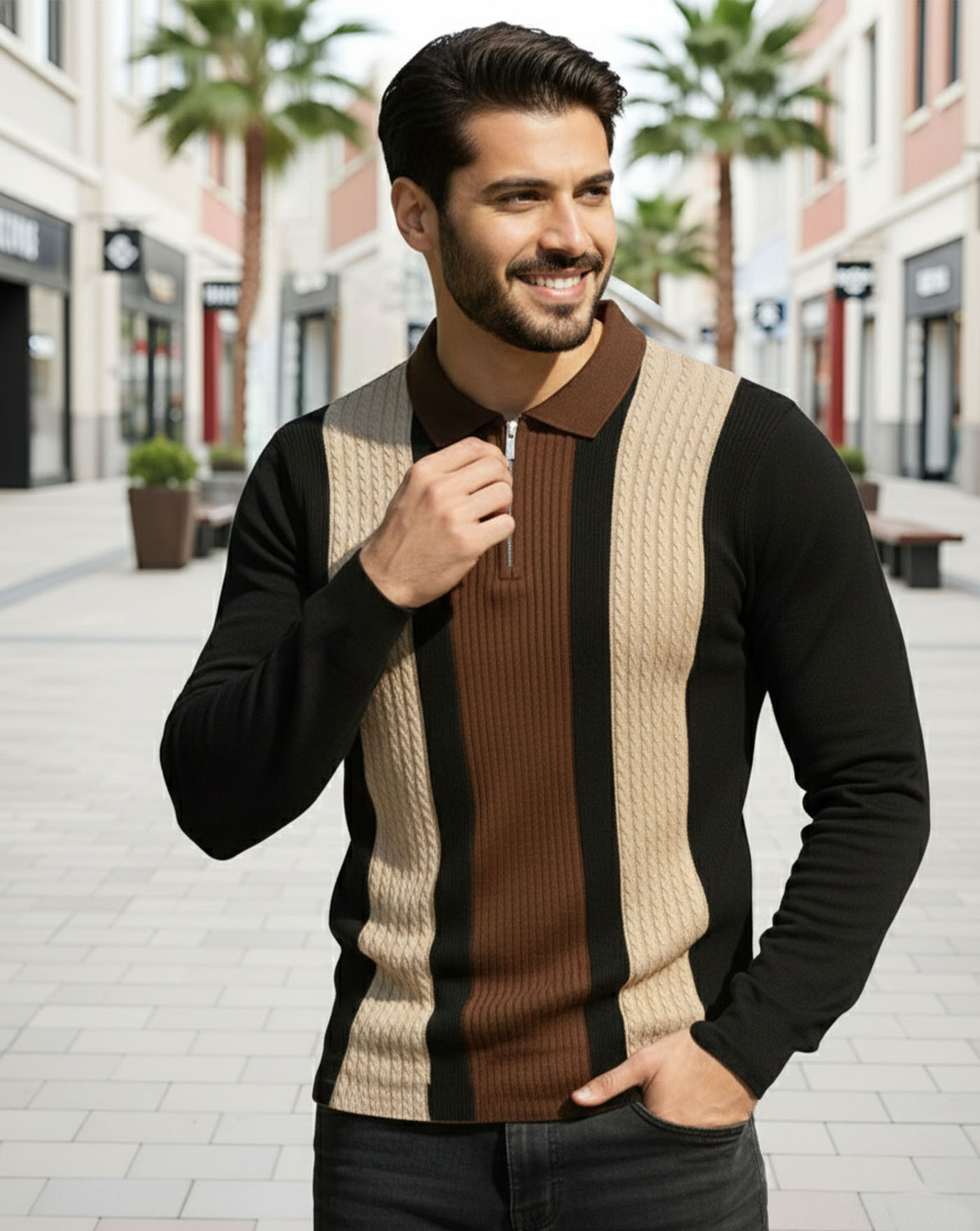 Image of AUSK Colorblock Men Zip Neck Multicolor T-Shirt