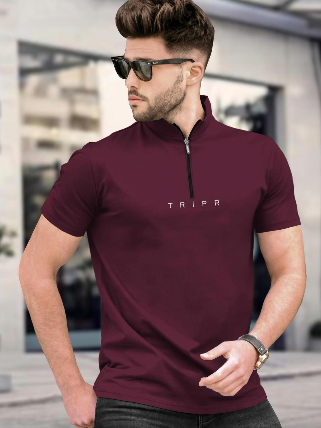 Image of TRIPR Solid Men Mandarin Collar Maroon T-Shirt