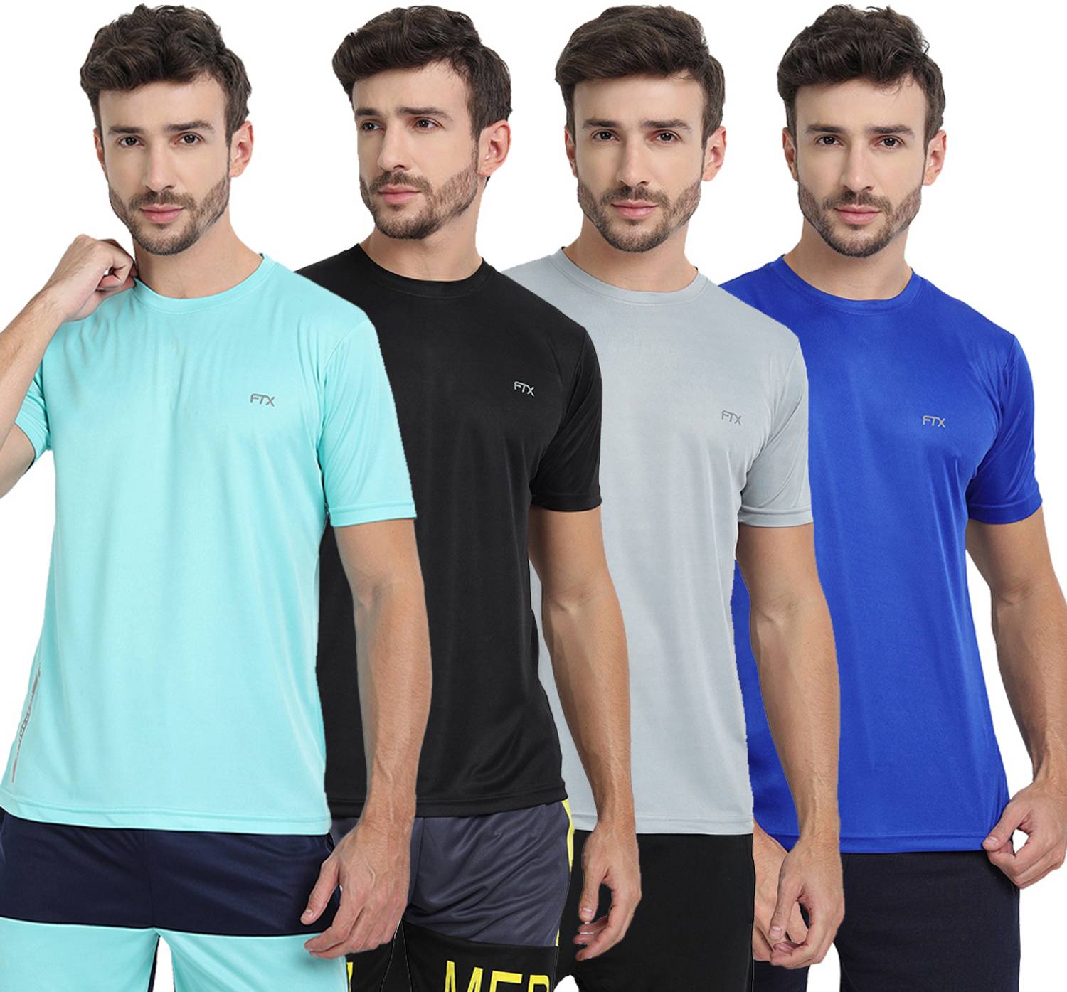 FTX Pack of 4 Men Solid Round Neck Polyester Silver, Light Blue,