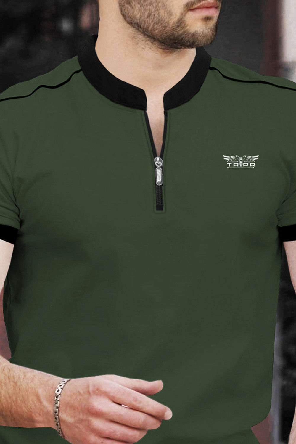 Image of TRIPR Printed Men Mandarin Collar Dark Green, Black T-Shirt