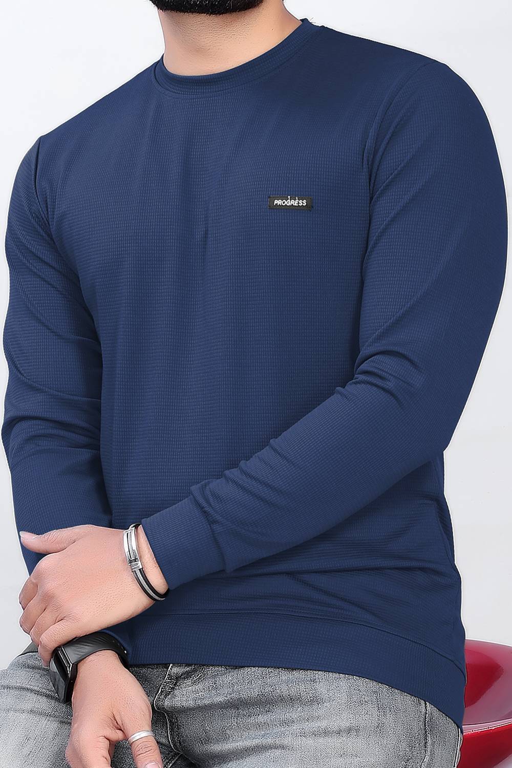 sti Men Self Design Round Neck Polyester Navy Blue T-Shirt