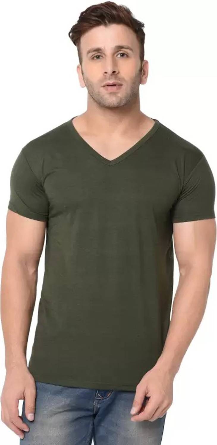RLP Men Solid V Neck Polyester Dark Green T-Shirt