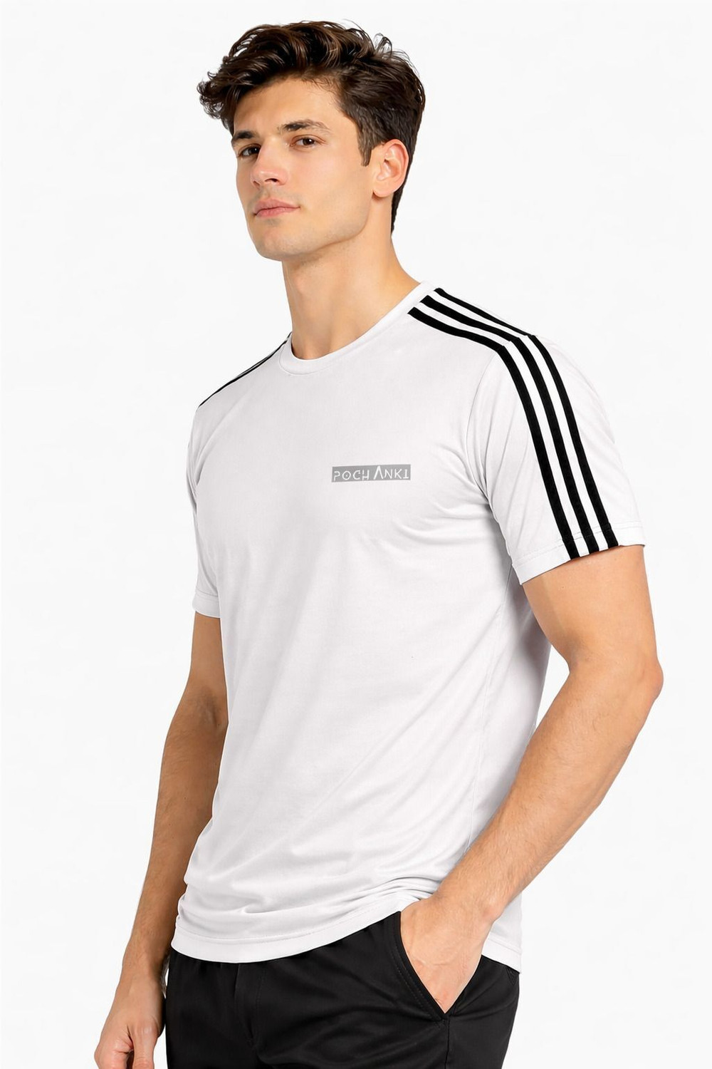 Image of Pochanki Striped Men Round Neck White T-Shirt