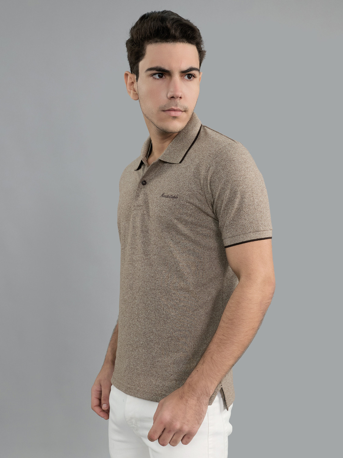 Image of MONTE CARLO Solid Men Polo Neck Beige T-Shirt