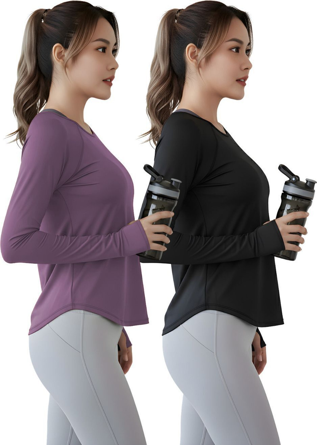 Image of NEXSUS APPARELS Solid Women Round Neck Purple, Black T-Shirt