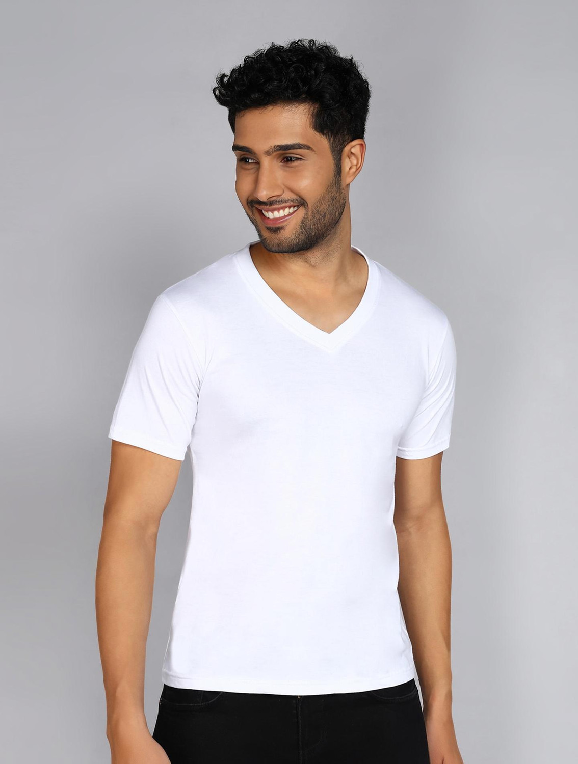 Image of Fleximaa Solid Men V Neck White T-Shirt