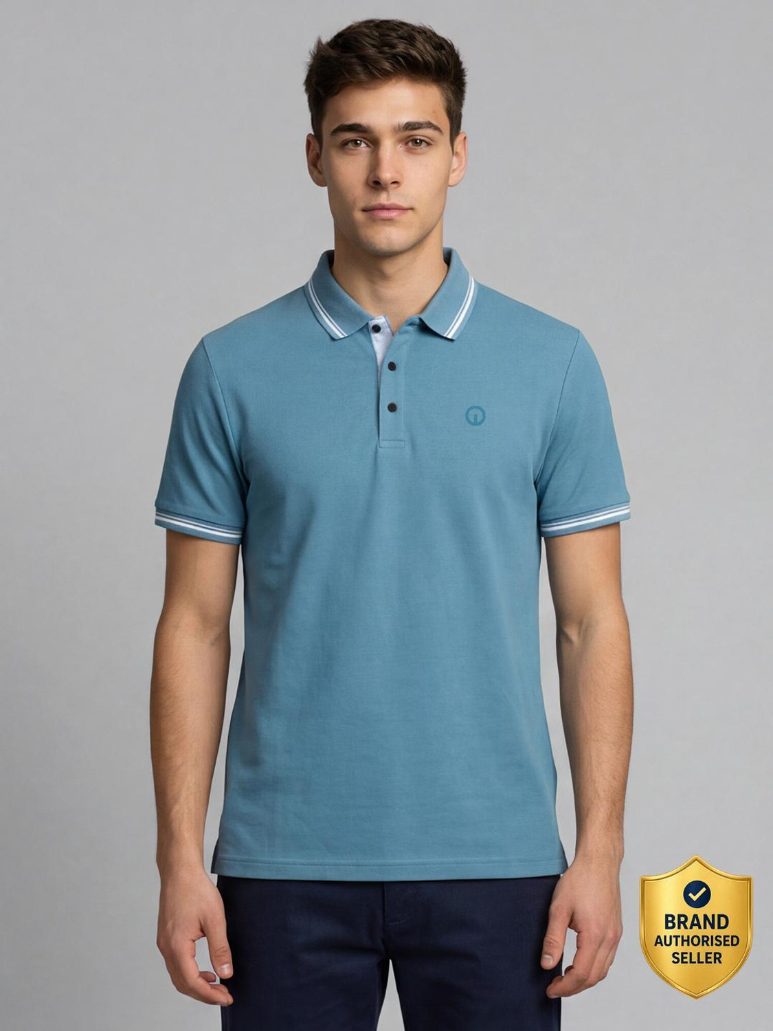 Image of INTEGRITI Solid Men Polo Neck Light Blue T-Shirt
