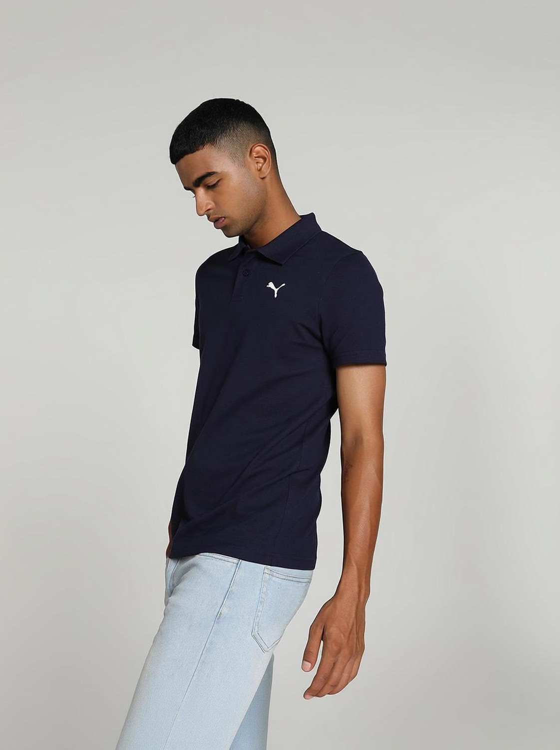 Image of PUMA Solid Men Polo Neck Blue T-Shirt