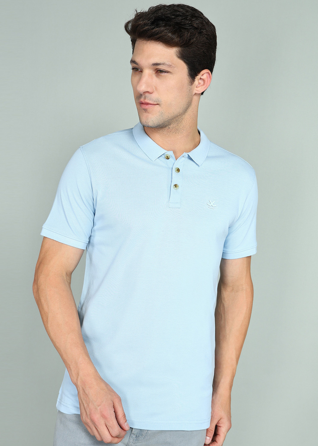 Image of WROGN Solid Men Polo Neck Light Blue T-Shirt