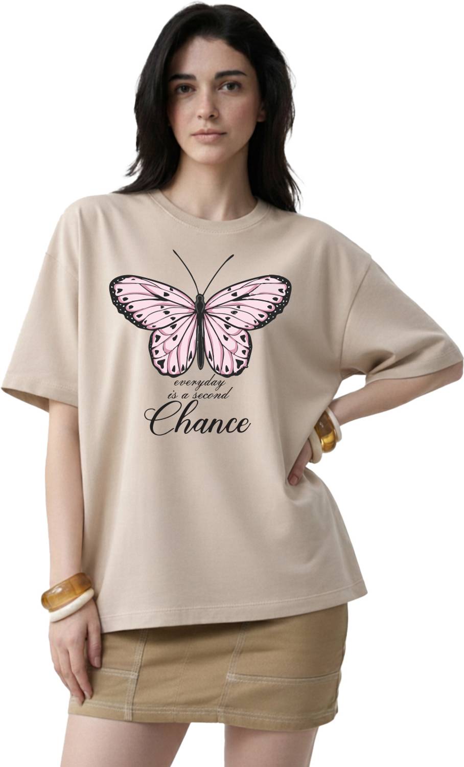 BELTLY Printed Women Round Neck Beige T-Shirt