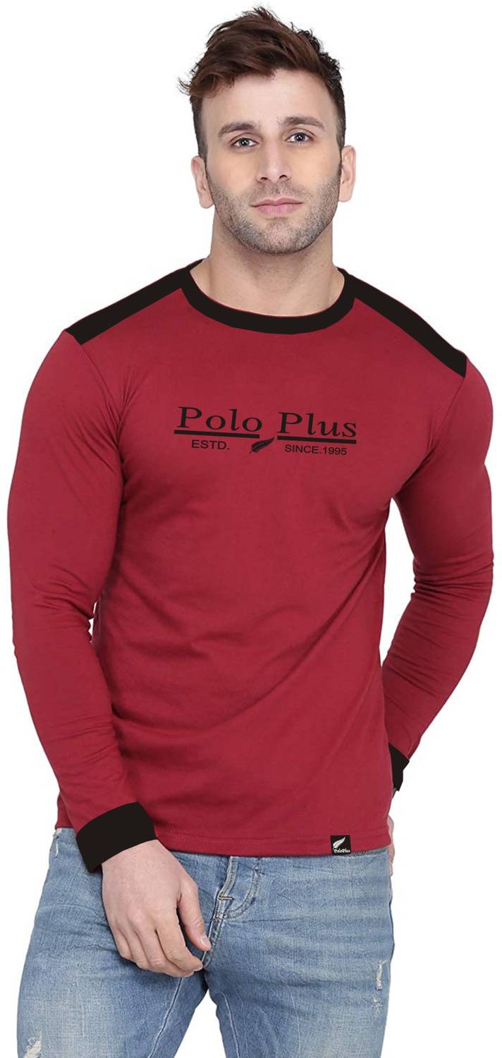 Polo Plus Men Typography Round Neck Cotton Blend Maroon T-Shirt