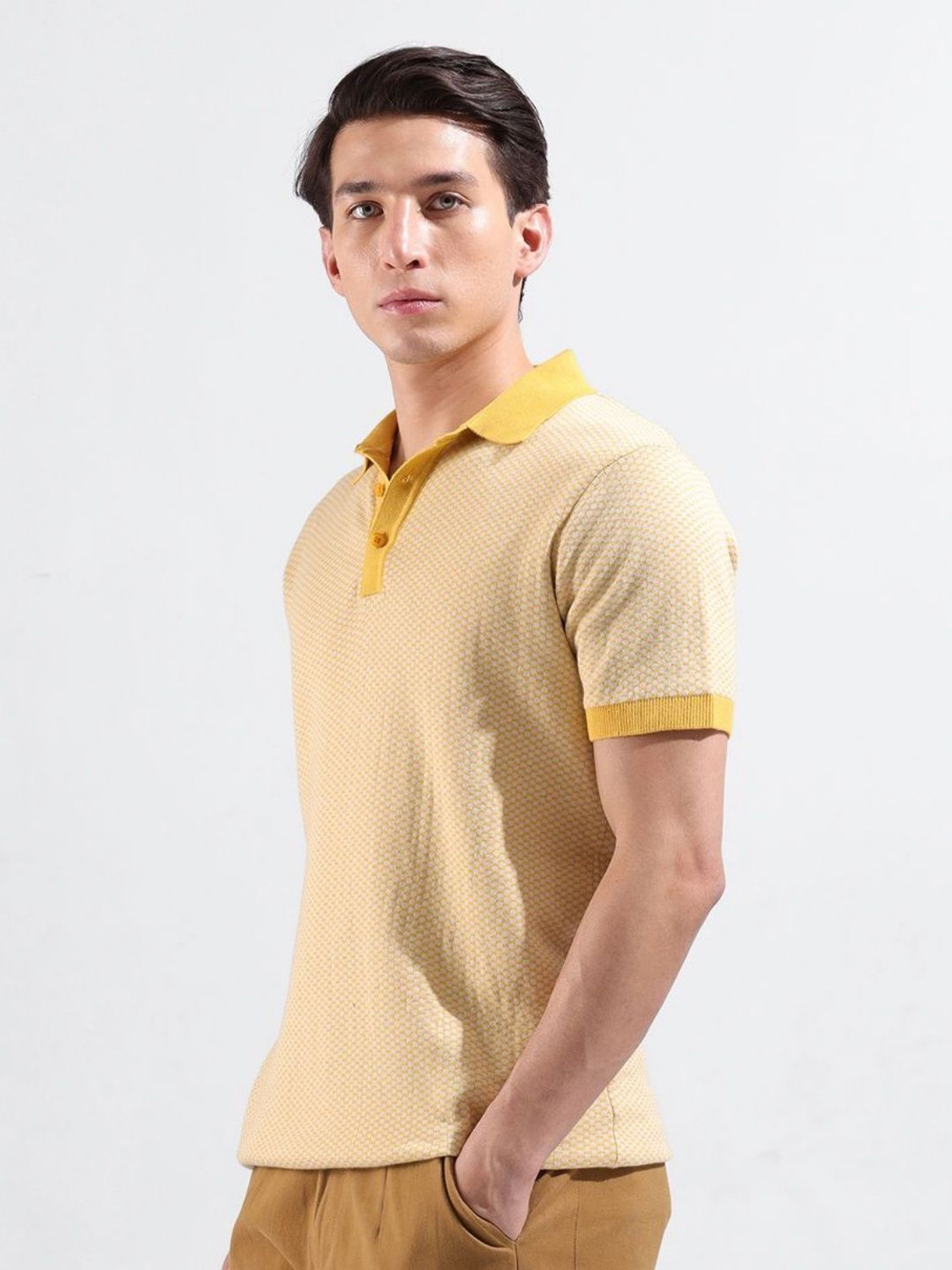 Image of The Indian Garage Co. Self Design Men Polo Neck Yellow T-Shirt