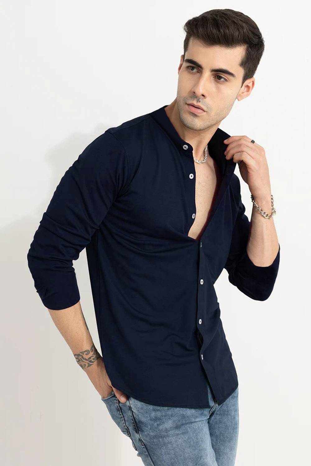 Try Men Solid Casual Blue, Black Shirt - Image 2