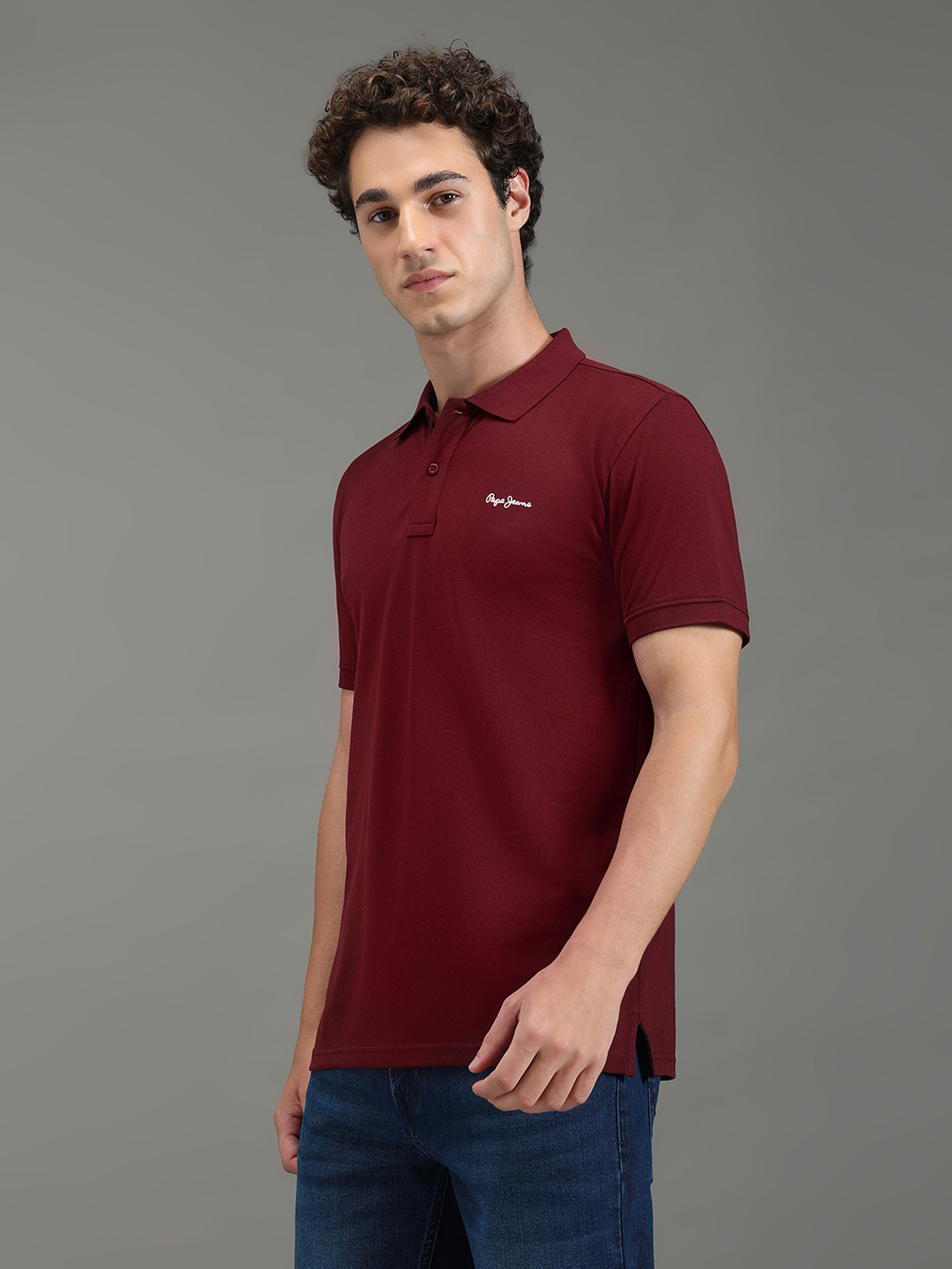 Image of Pepe Jeans Self Design Men Polo Neck Red T-Shirt