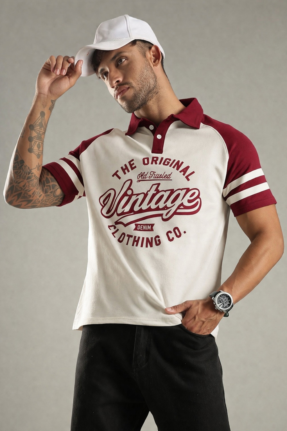Image of SHINX Printed Men Polo Neck White, Maroon T-Shirt