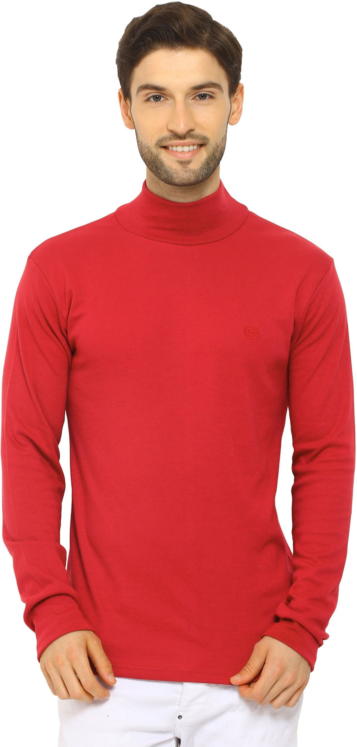 Image of CHKOKKO Solid Men High Neck Red T-Shirt