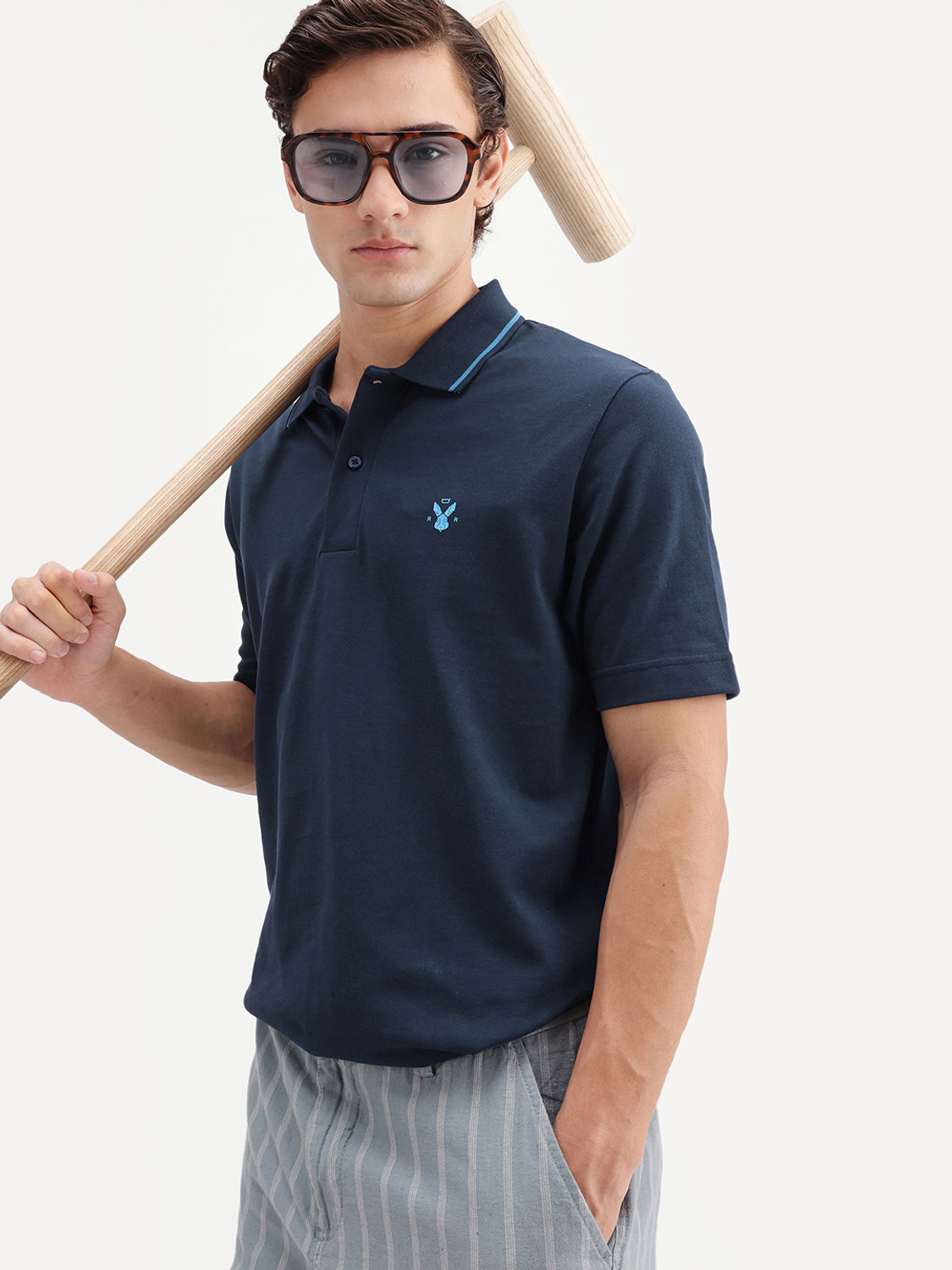 Image of RARE RABBIT Solid Men Polo Neck Navy Blue T-Shirt