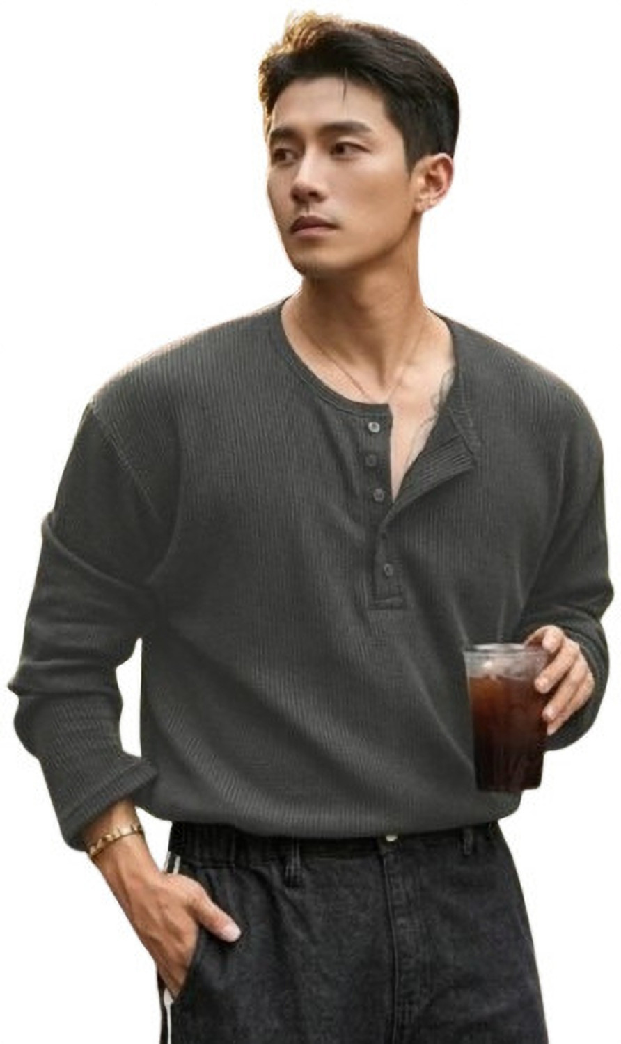 Image of HeraDawn Striped Men Henley Neck Grey T-Shirt