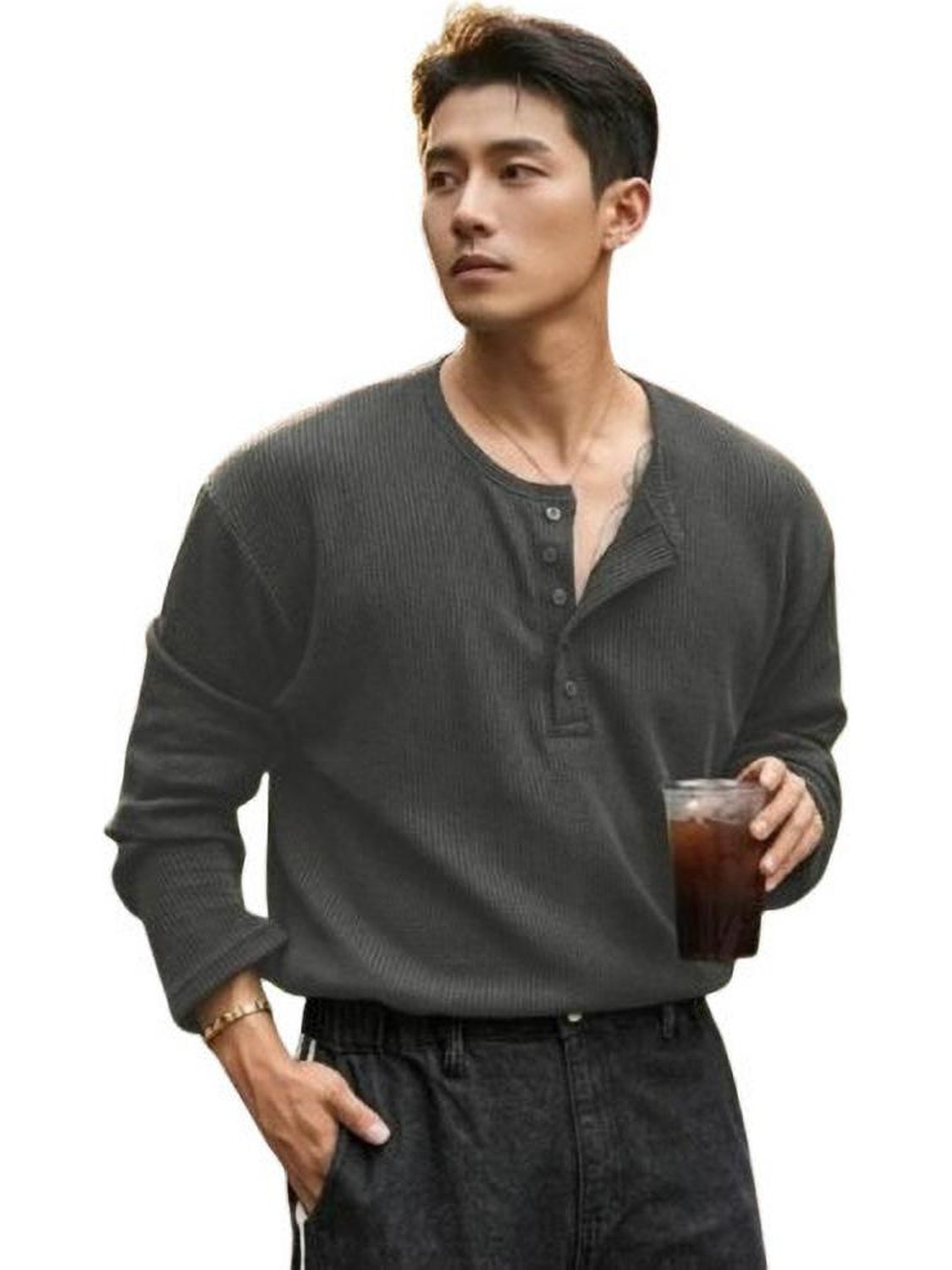 Image of HeraDawn Striped Men Henley Neck Grey T-Shirt