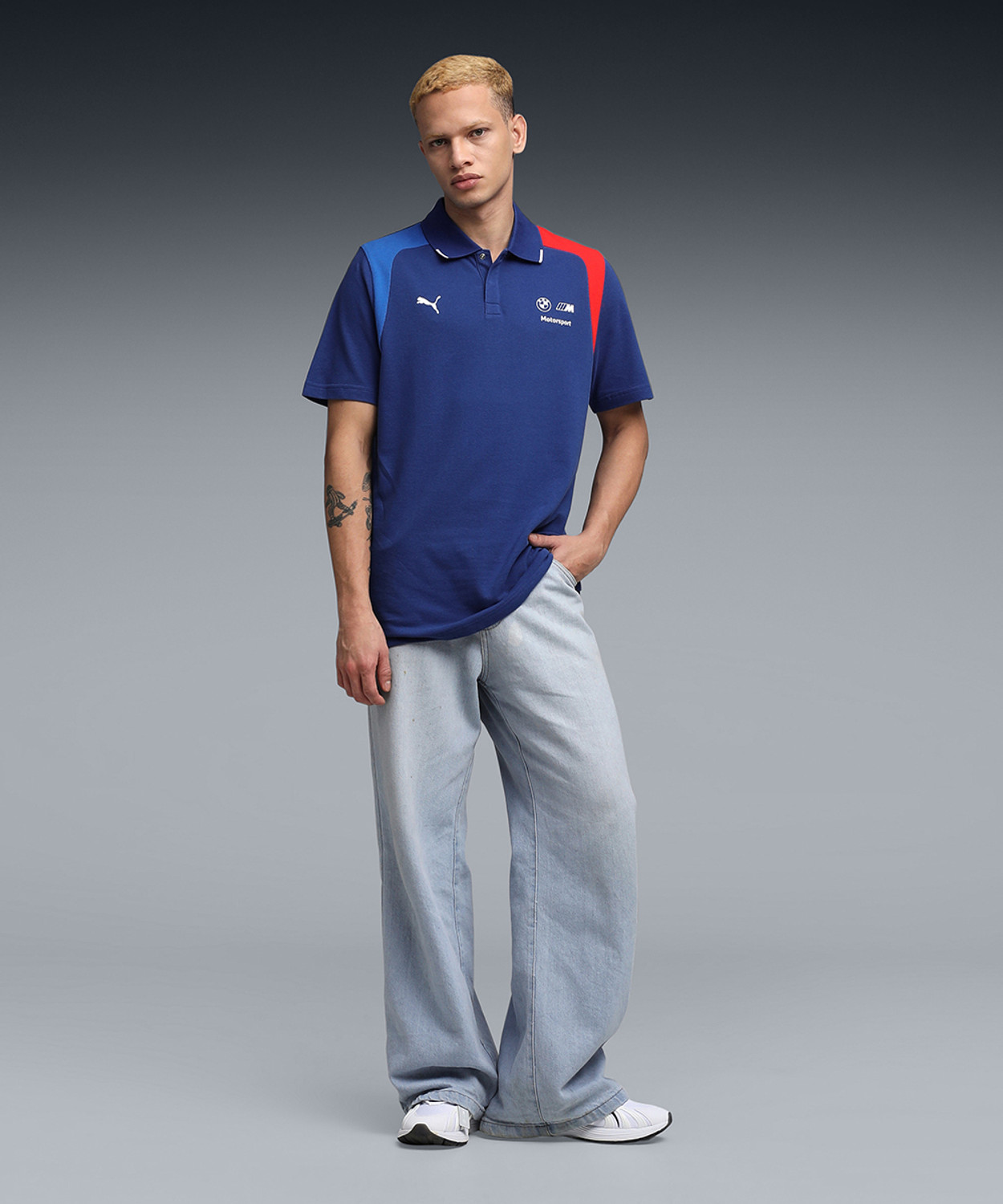 Image of PUMA Colorblock Men Polo Neck Blue T-Shirt