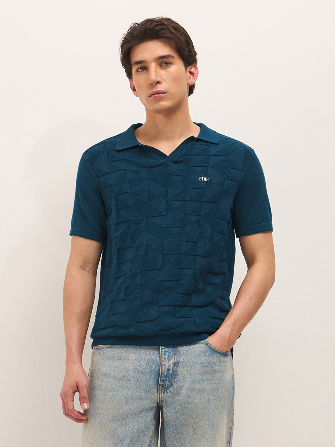 Image of THE BEAR HOUSE Self Design Men Polo Neck Blue T-Shirt
