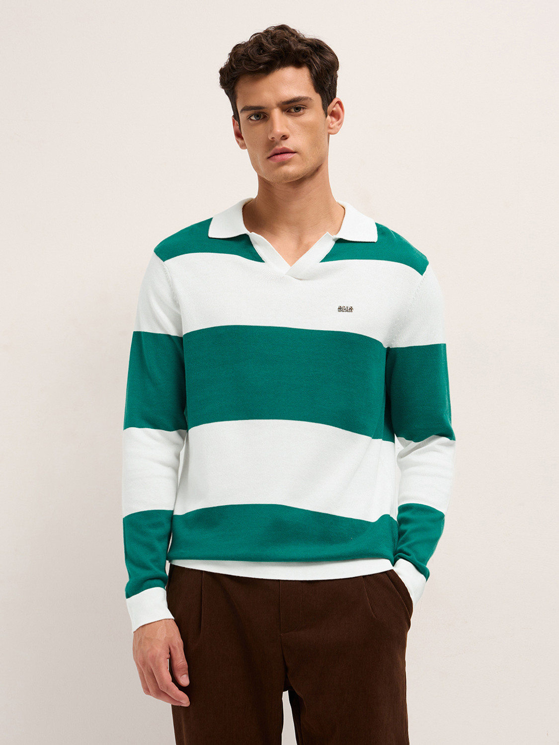 Image of THE BEAR HOUSE Striped Men Polo Neck White, Green T-Shirt