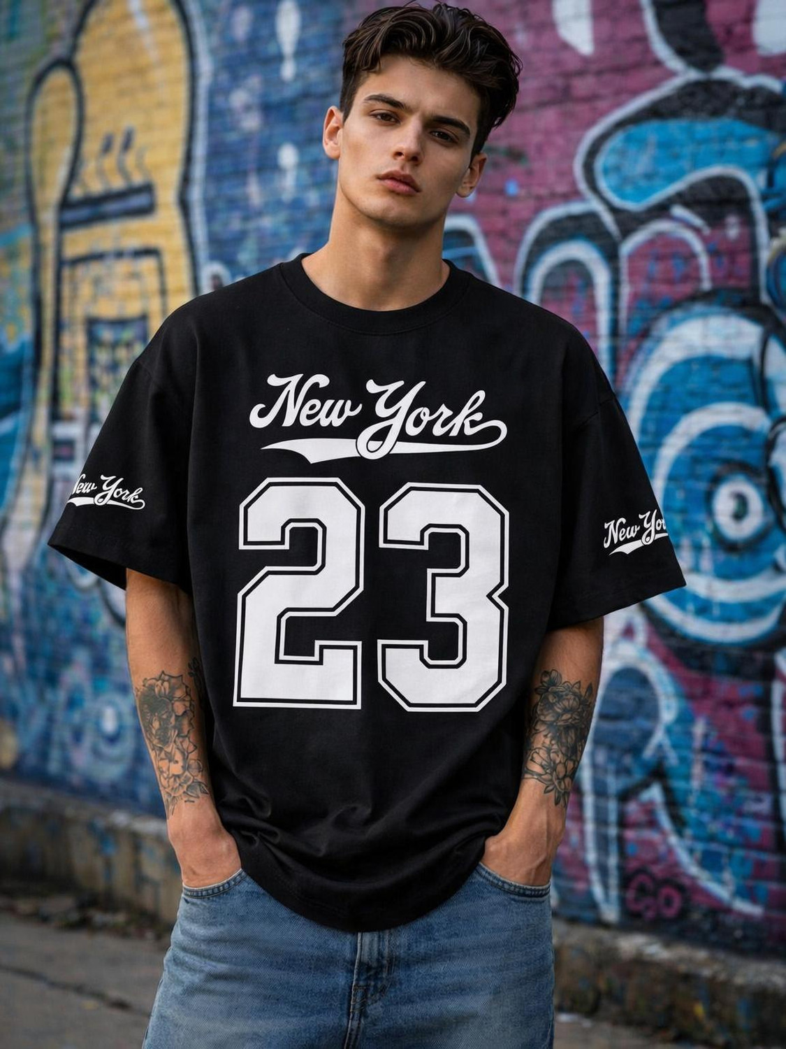 Image of Madilyn Printed Men Round Neck Black T-Shirt
