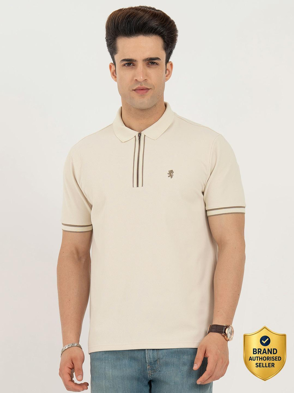 Image of RED TAPE Men Solid Polo Neck Polyester Beige T-Shirt