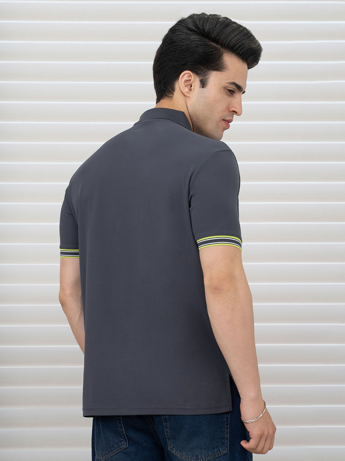Image of RED TAPE Men Printed Polo Neck Polyester Grey T-Shirt