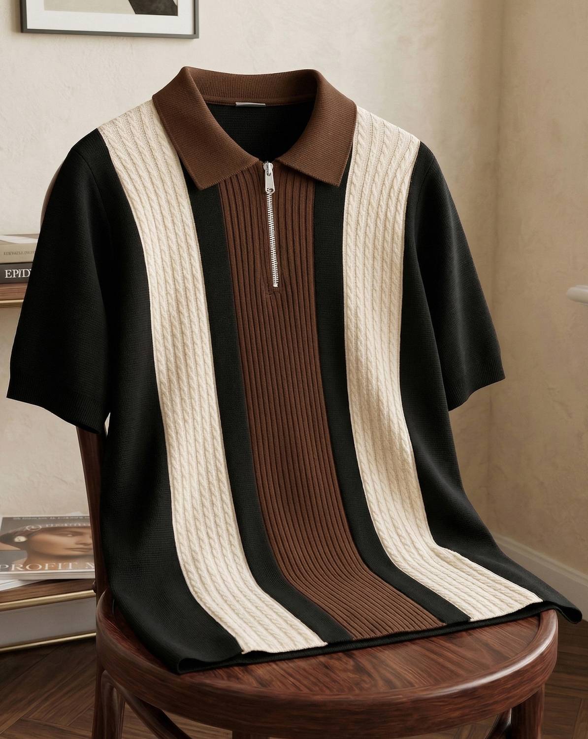 ENITOR Striped Men Zip Neck Multicolor T-Shirt