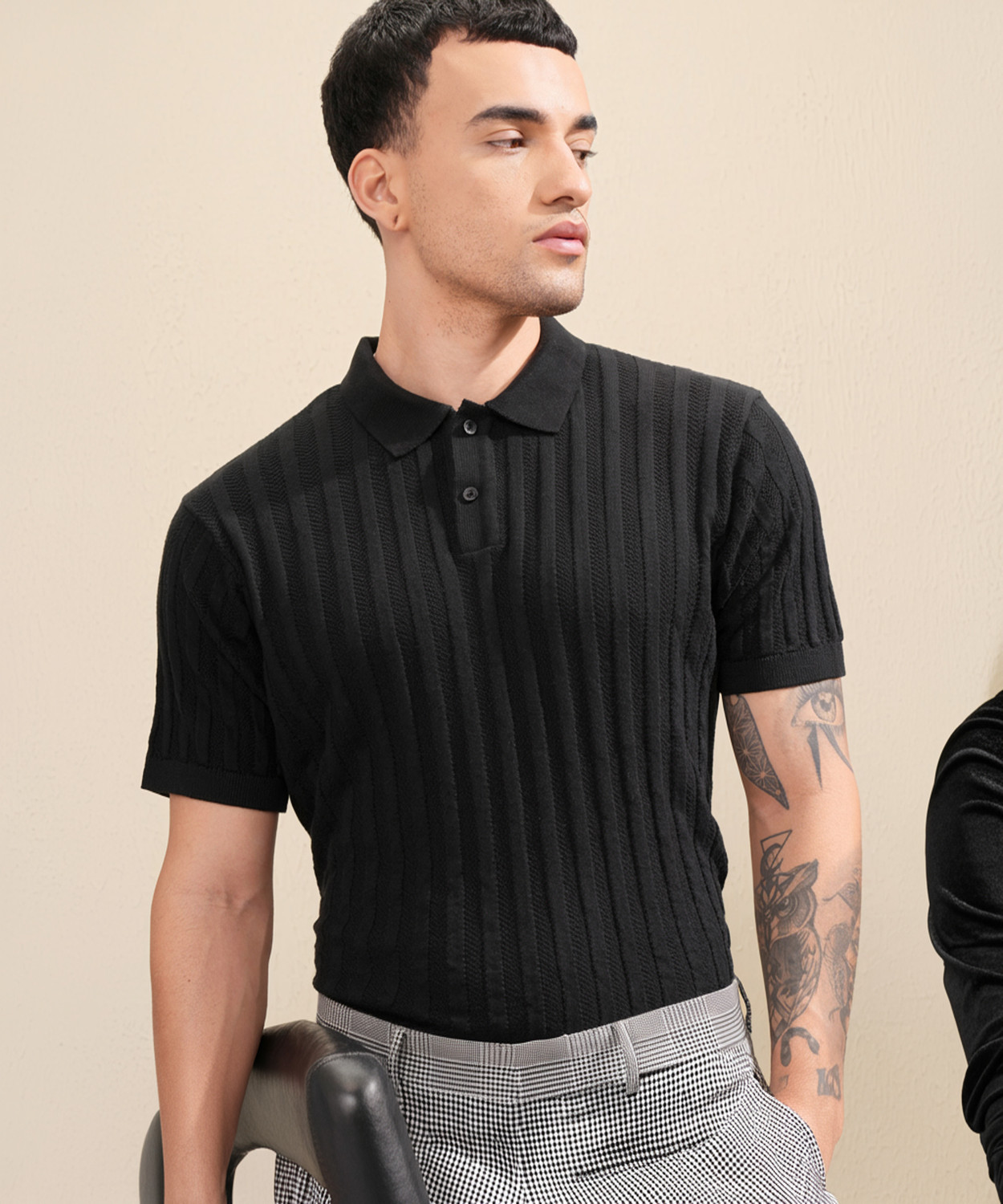 Image of HIGHLANDER Self Design Men Polo Neck Black T-Shirt