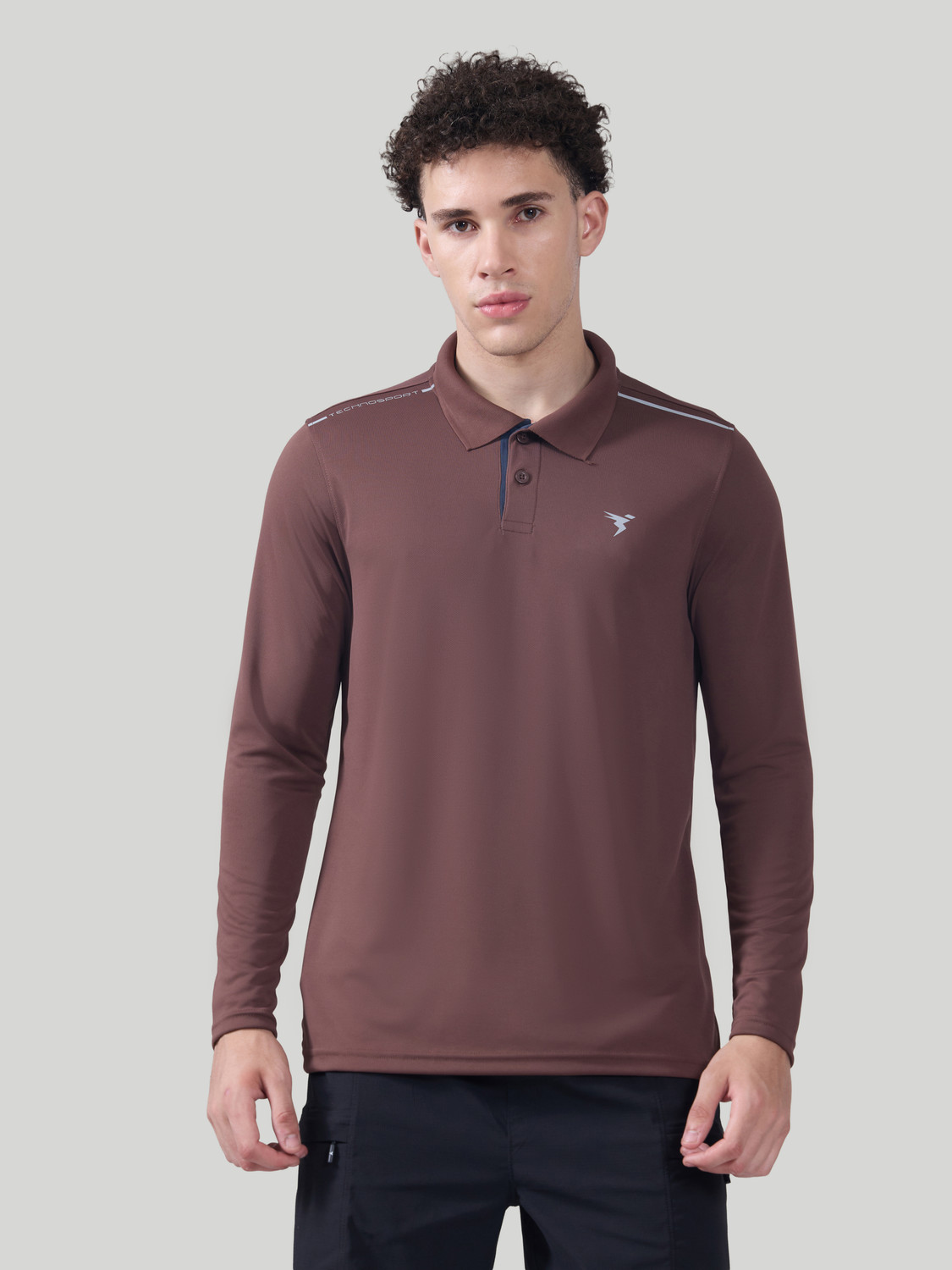 Image of TECHNOSPORT Solid Men Polo Neck Brown T-Shirt