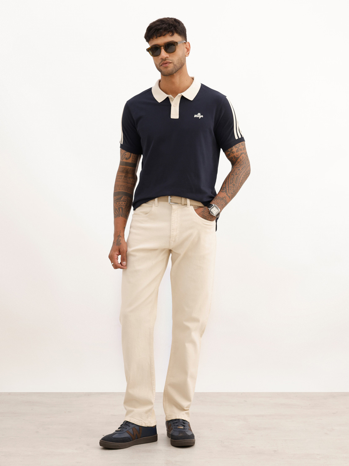 Image of WROGN Solid Men Polo Neck Navy Blue T-Shirt
