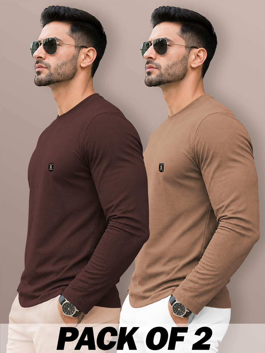 Image of VeBNoR Self Design Men Round Neck Brown, Beige T-Shirt