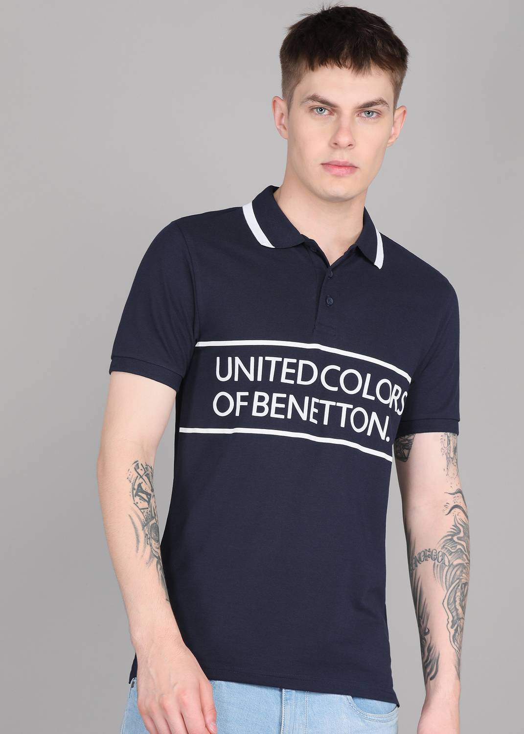 United Colors of Benetton Men Solid Polo Neck Cotton Blend Dark B