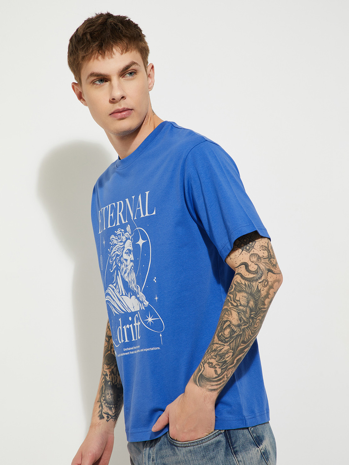 Image of MAX Printed Men Round Neck Blue T-Shirt