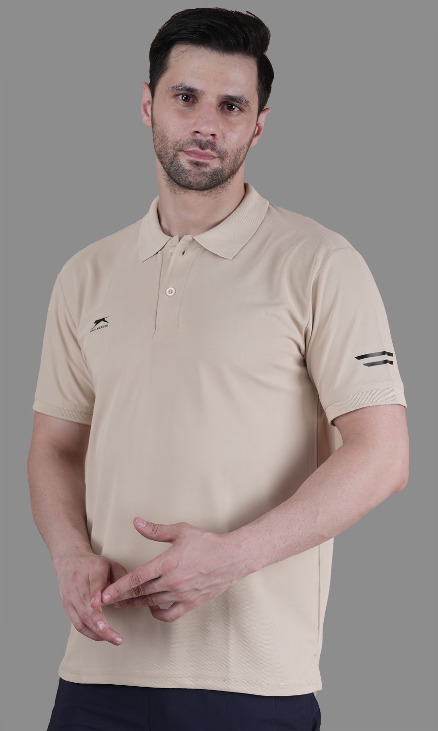 Image of Shiv Naresh Men Solid Polo Neck Polyester Beige T-Shirt
