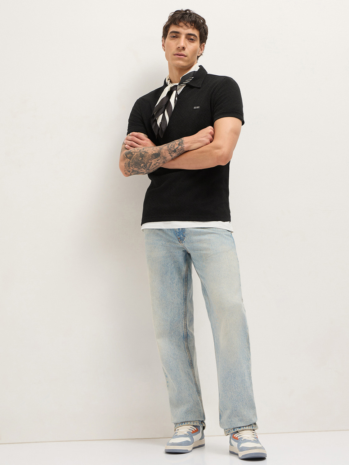 Image of THE BEAR HOUSE Self Design Men Polo Neck Black T-Shirt