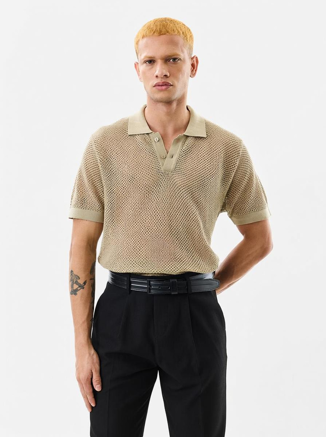 Snitch Self Design Men Polo Neck Beige T-Shirt