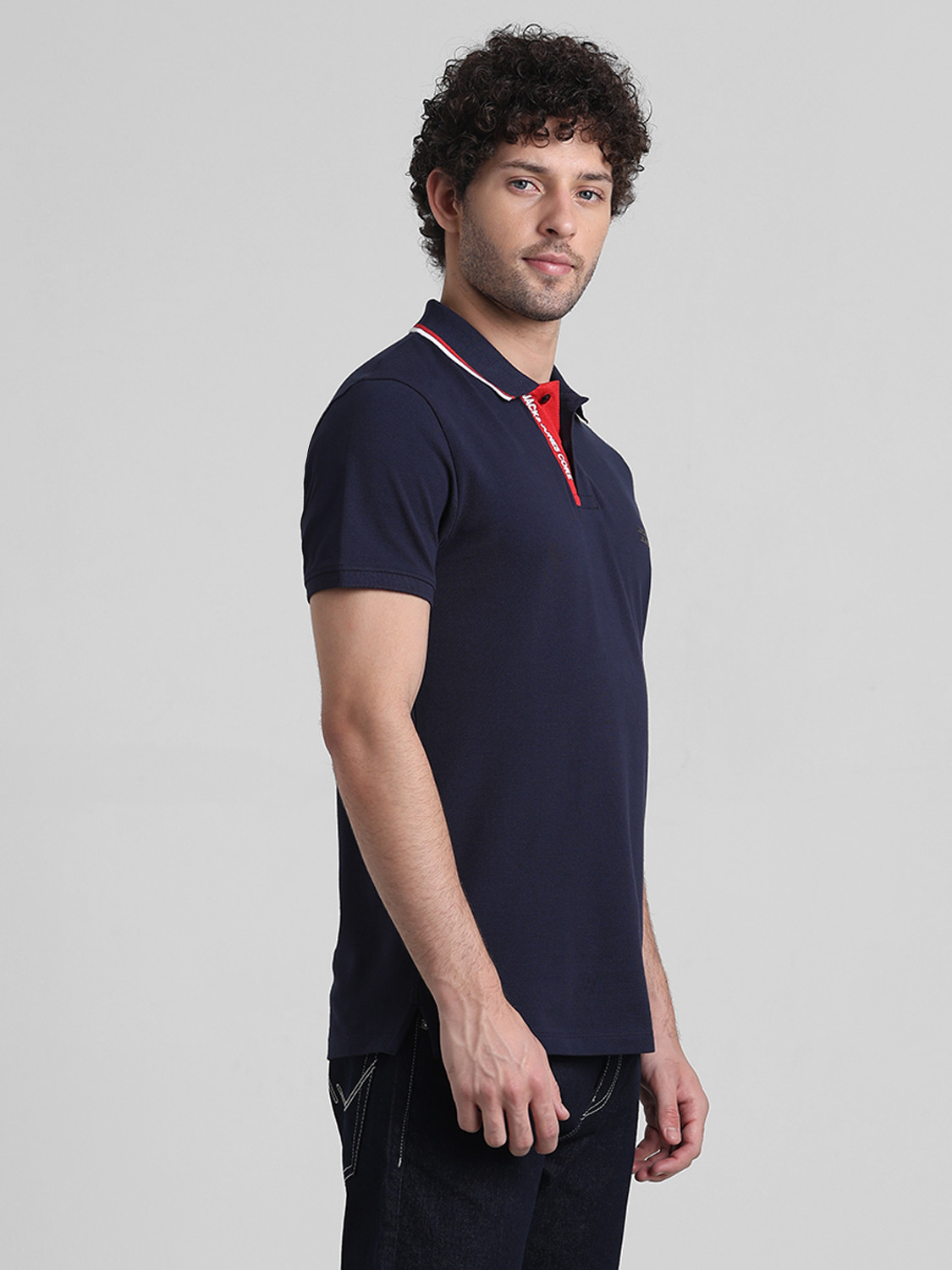 Image of JACK & JONES Solid Men Polo Neck Dark Blue T-Shirt
