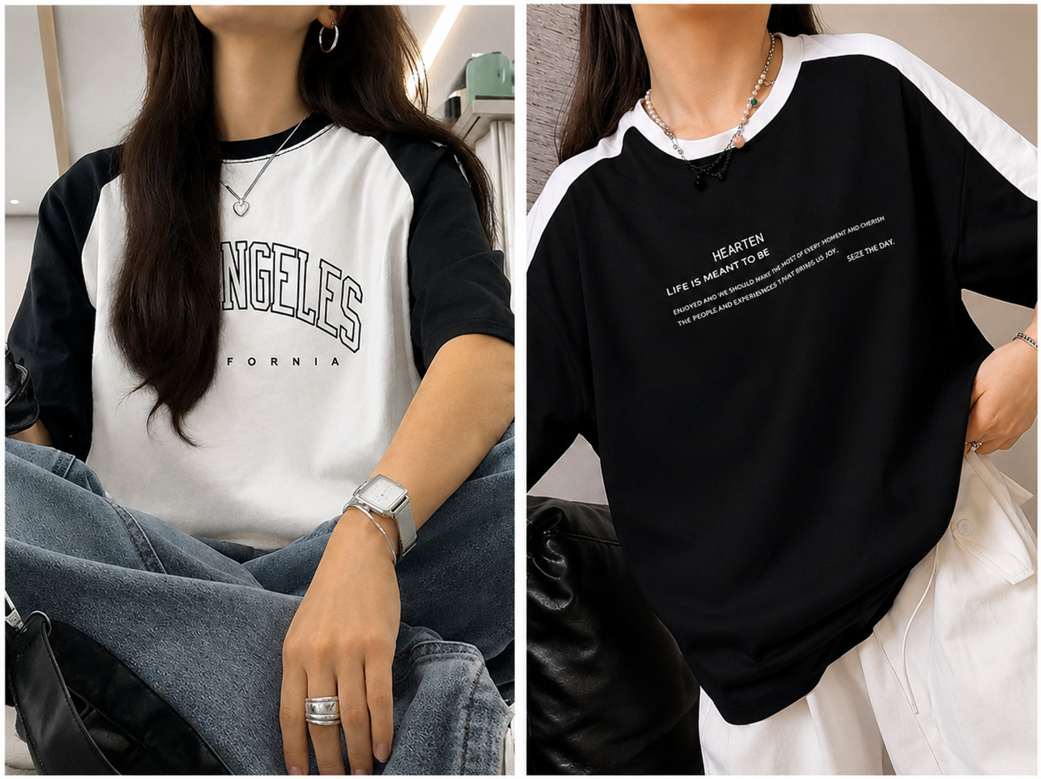 LOOKS Colorblock Women Round Neck Black, White T-Shirt