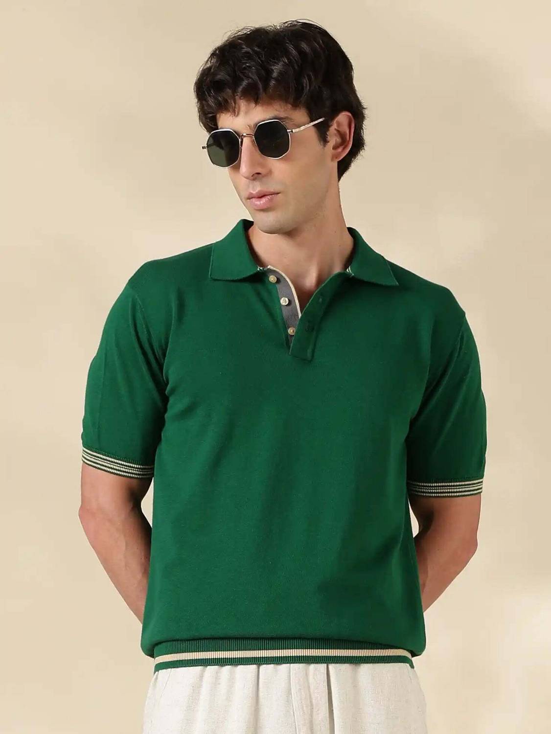 MR BUTTON Solid Men Polo Neck Green T-Shirt