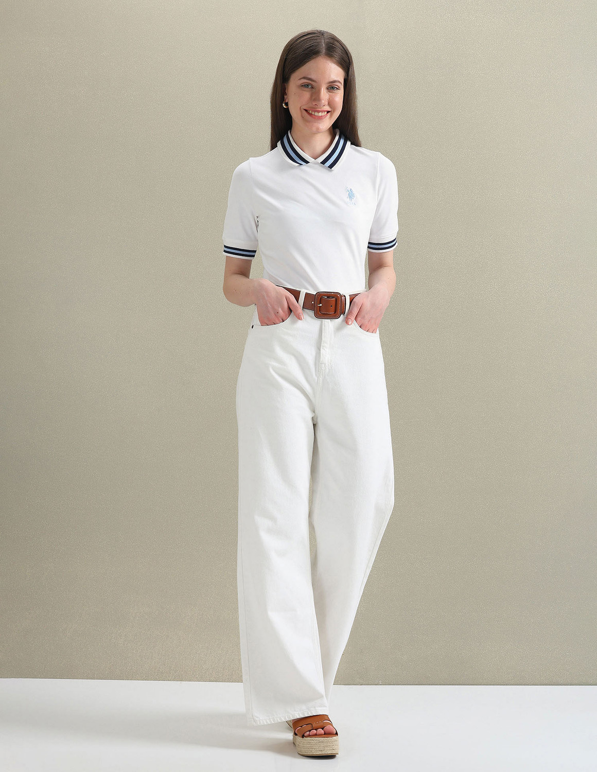 Image of U.S. POLO ASSN. Solid Women Polo Neck White T-Shirt