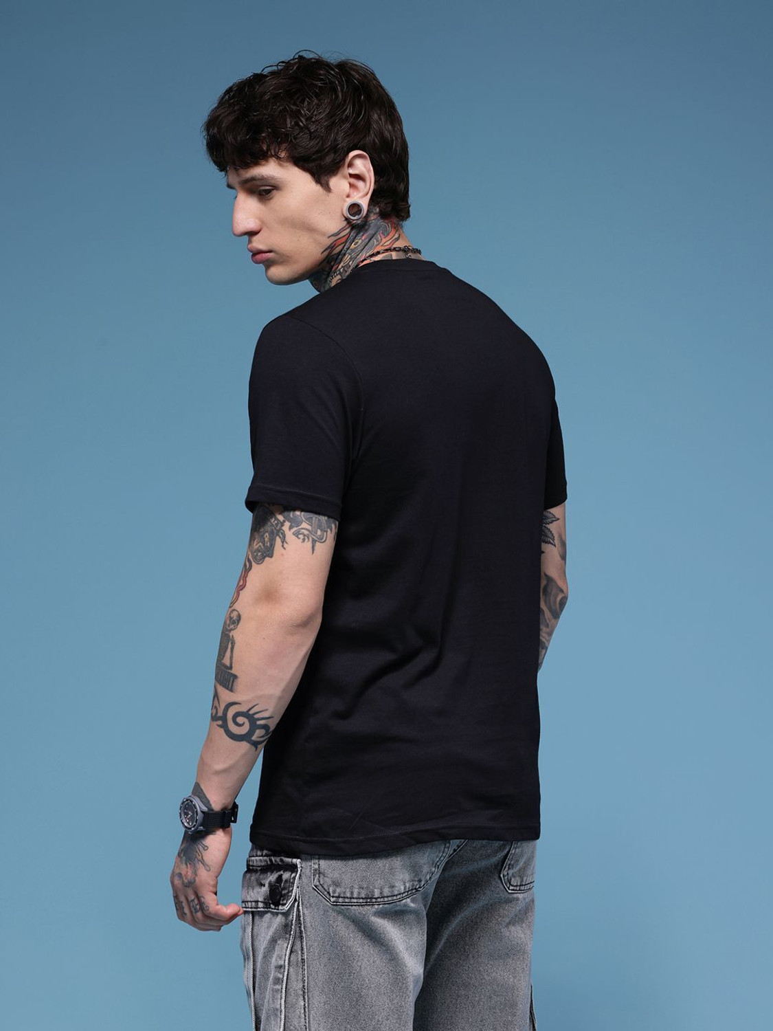 Image of HERE&NOW Printed Men Round Neck Black T-Shirt