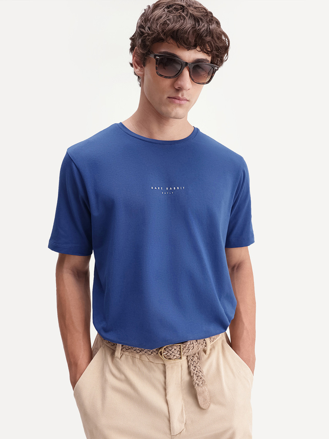 Image of RARE RABBIT Solid Men Crew Neck Blue T-Shirt