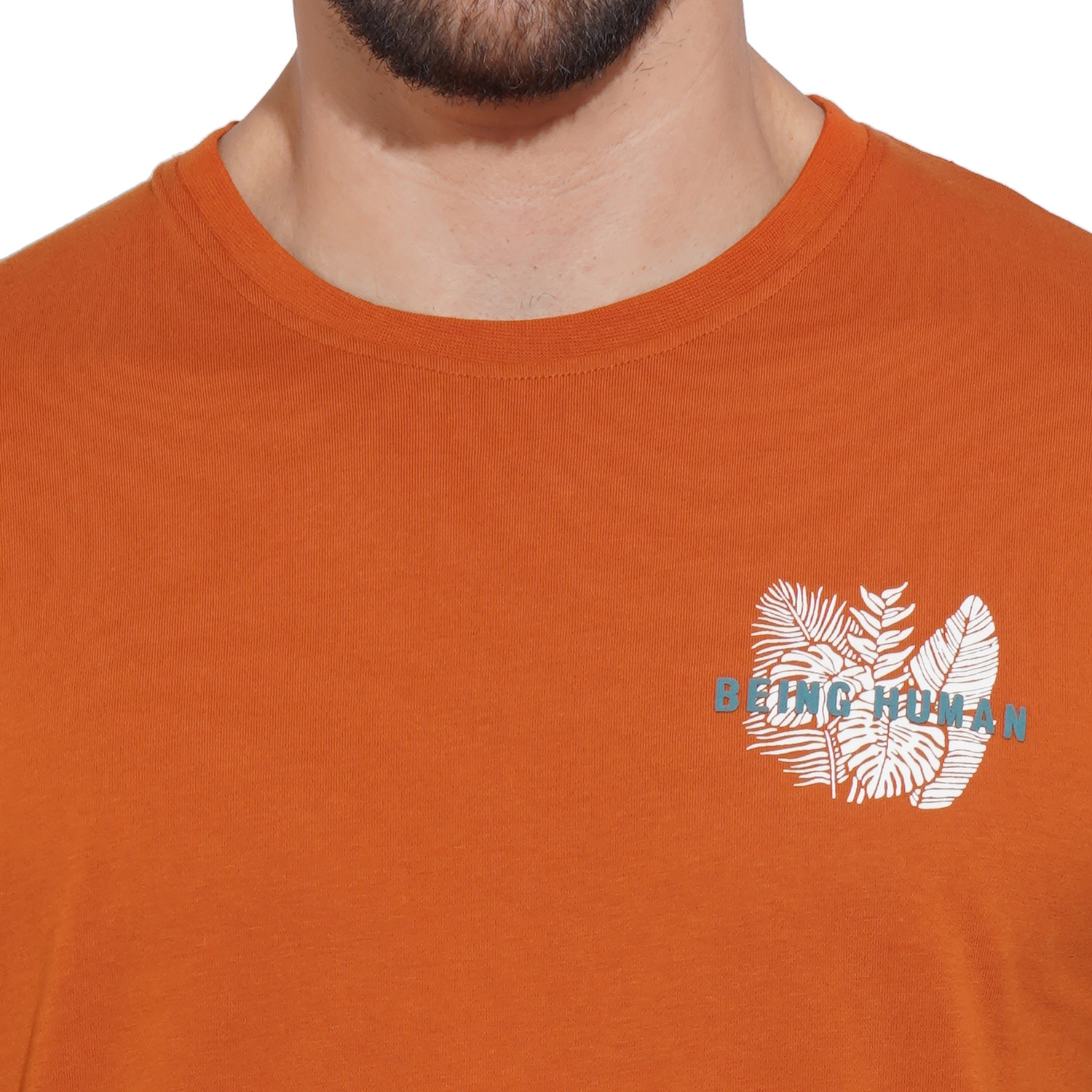Image of BEING HUMAN Solid Men Crew Neck Orange T-Shirt