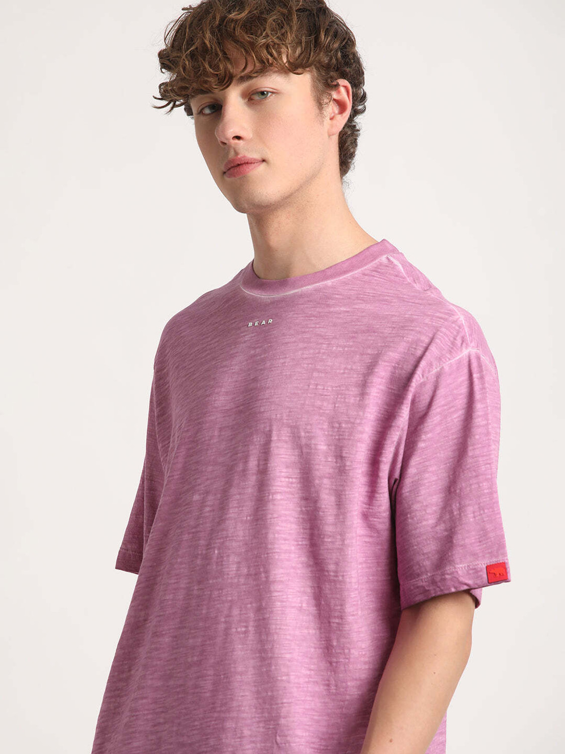 Image of THE BEAR HOUSE Solid Men Round Neck Pink T-Shirt